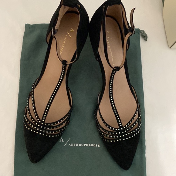 Anthropologie Pointed T-Strap Black Suede Rhinestone Heels - Picture 11 of 15